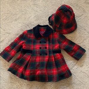 Girls Red & Green Plaid Peacoat with Matching Hat